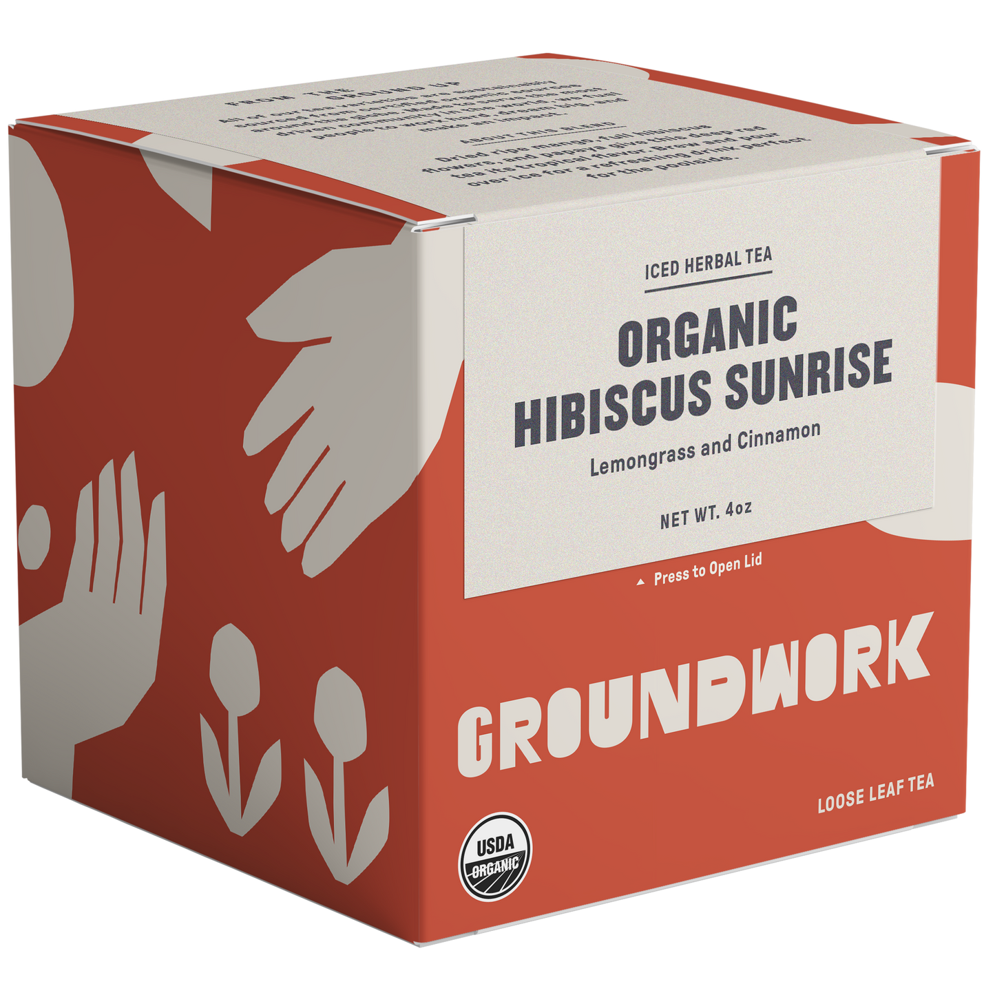 Organic hibiscus sunrise tea with notes of lemongrass and cinnamon.