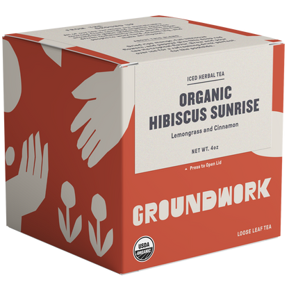 Organic hibiscus sunrise tea with notes of lemongrass and cinnamon.